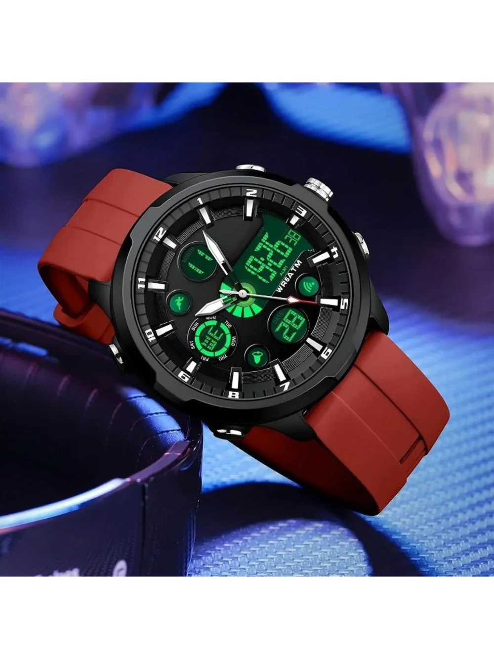 Men Red Large Face Watches Chronograph Waterproof Sport Military Heavy Duty